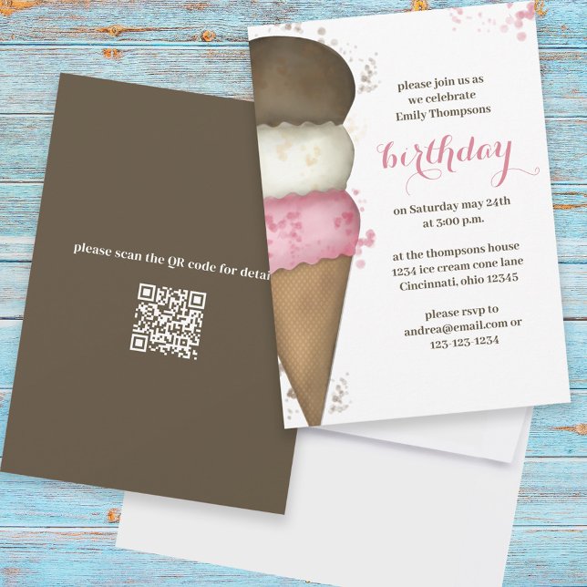 Convites Cute Sorvete de Cone de Aniversário Código QR Wate (Criador carregado)