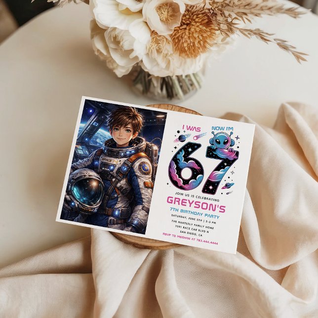 Convites Cute Space 7th Birthday photo | Six & Seven  (Cute Space 7th Birthday photo | Six & Seven Invitation)