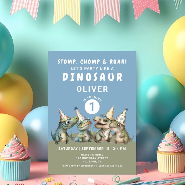 Convites Cute Stomp Chomp & Roar Dinossauro 1º Aniversário (Cute Stomp Chomp & Roar Dinosaur 1rst Birthday Invitation)