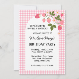 Convites Cute Strawberry Pink Gingham Girls Birthday 
