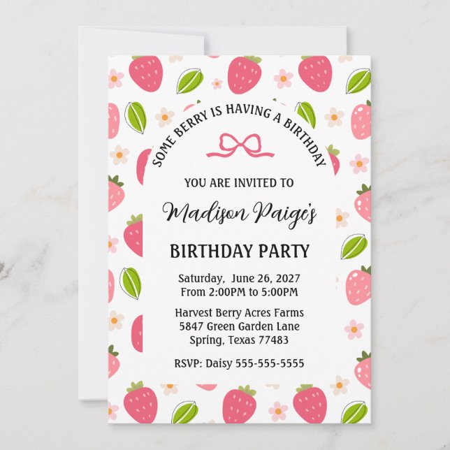 Convites Cute Strawberry Pink Girls Birthday Invitation (Frente)