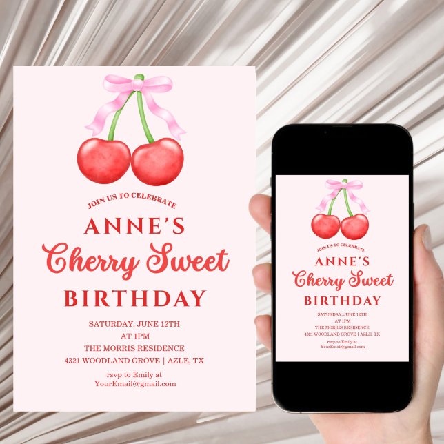 Convites cute Sweet Cherry Birthday Invitation Girl (Criador carregado)