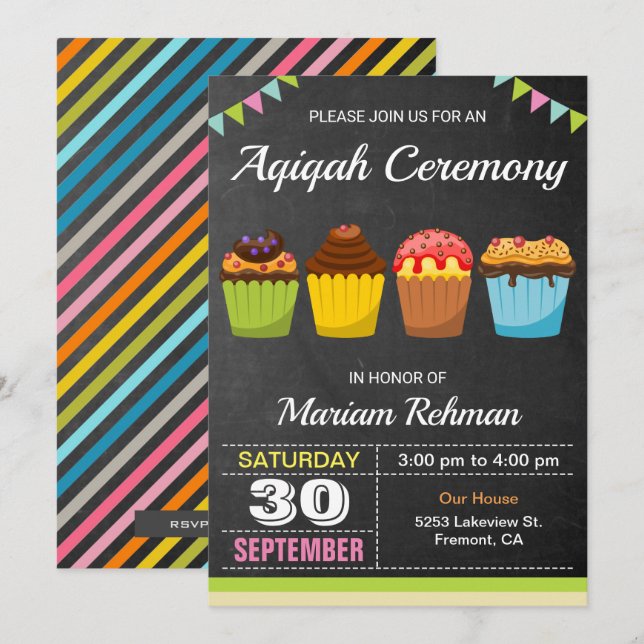 Convites Cute Sweet Cupcake Aqeeqah | Cerimônia Aqiqah (Frente/Verso)