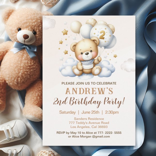 Convites Cute Teddy Bear 2nd Birthday for Boy (Criador carregado)