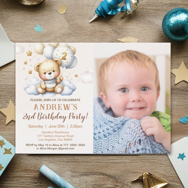 Convites Cute Teddy Bear 2nd Birthday for Boy with photo (Criador carregado)