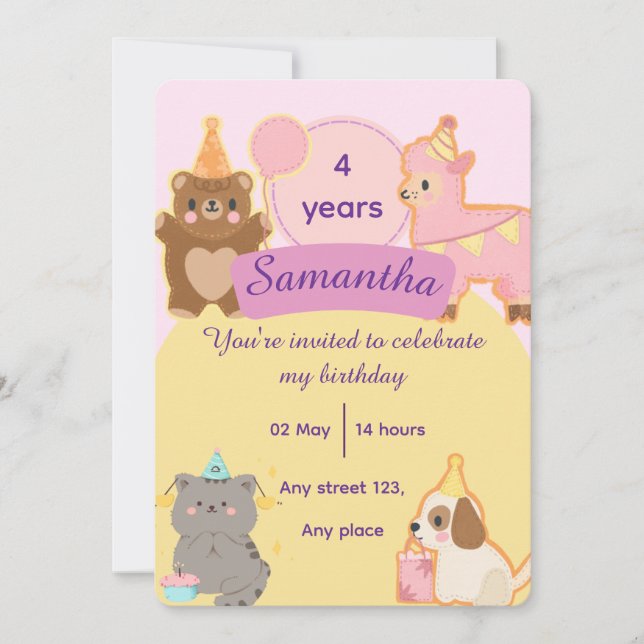 Convites Cute Teddy Bear 4th Birthday Editable Template (Frente)