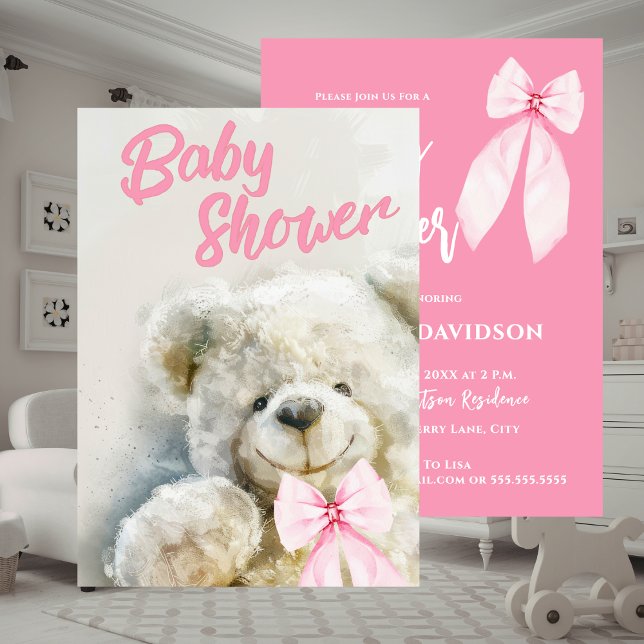 Convites Cute Teddy Bear Baby Shower  (Baby Shower Cute Bear Pink Ribbon Invitation)