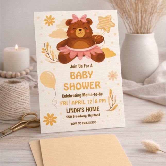 Convites Cute Teddy Bear Baby Shower Invitation for Girl (Criador carregado)