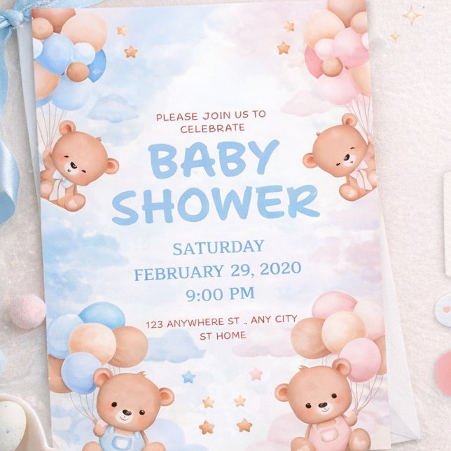 Convites Cute Teddy Bear & Blue Pink Balloon Baby Shower (Criador carregado)