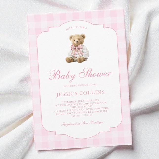 Convites Cute Teddy Bear Coquette Bow Pink Girl Baby Shower (Cute Teddy Bear Coquette Bow Pink Girl Baby Shower Invitation)