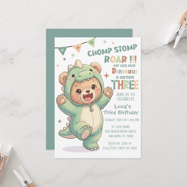 Convites Cute Teddy Bear Dinosaur | Third Dinosaur Birthday (Frente/Verso In Situ)