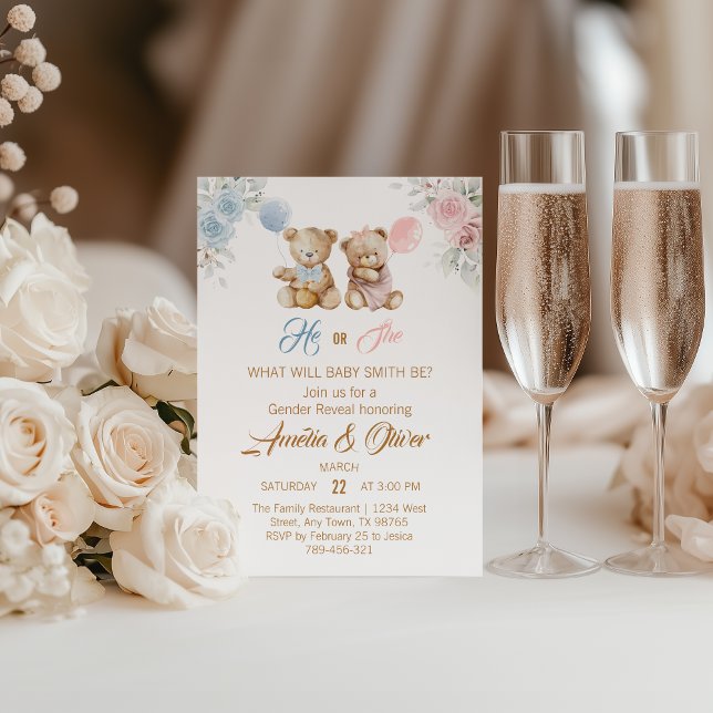 Convites Cute Teddy Bear Gender Reveal Blue Pink Balloons (Criador carregado)