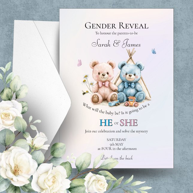 Convites Cute Teddy Bear Gender Reveal Invitation (Criador carregado)