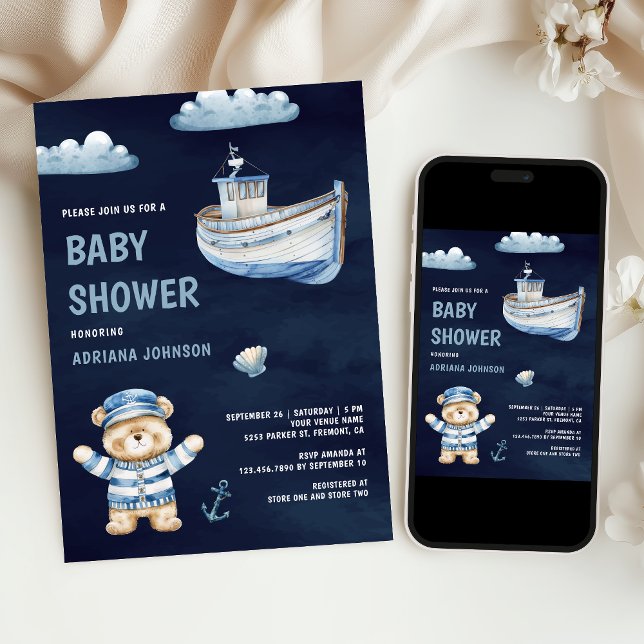 Convites Cute Teddy Bear Nautical Boat Navy Baby Shower (Criador carregado)