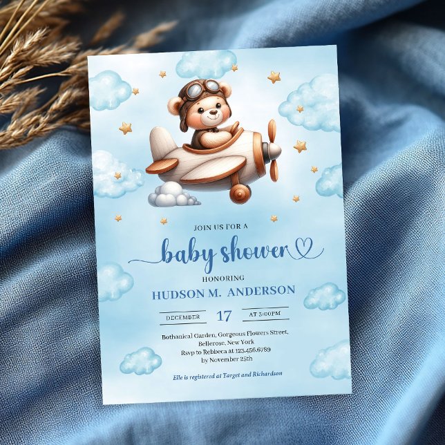 Convites Cute Teddy Bear Pilot Blue Brown Baby Shower   (Cute Teddy Bear Pilot Blue Brown Baby Shower Invitation

)