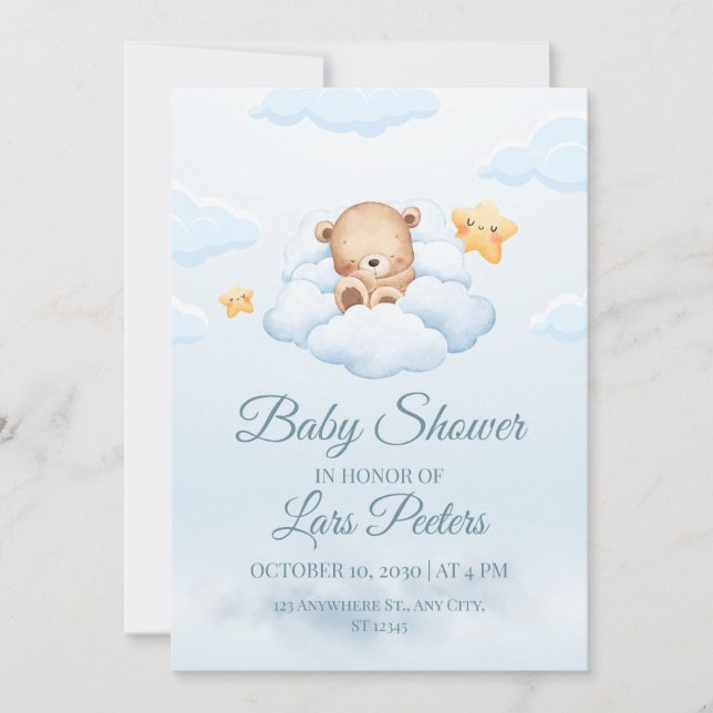 Convites Cute Teddy Bear Sleeping on Cloud Baby Shower Invi (Frente)