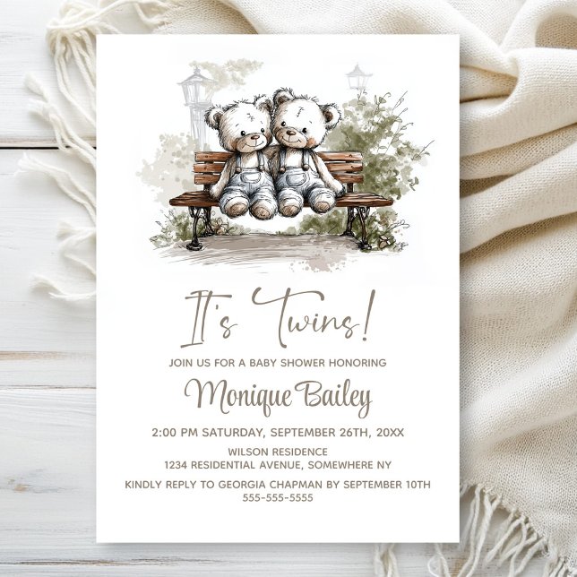 Convites Cute Teddy Bear Twins Baby Shower (Criador carregado)