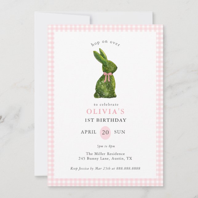 Convites Cute Topiary Bunny Pink Gingham Girl Birthday  (Frente)