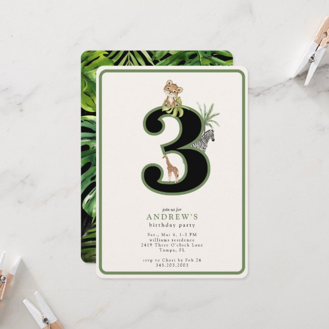 Convites Cute Tropical Jungle 3rd Birthday Animal (Frente/Verso In Situ)
