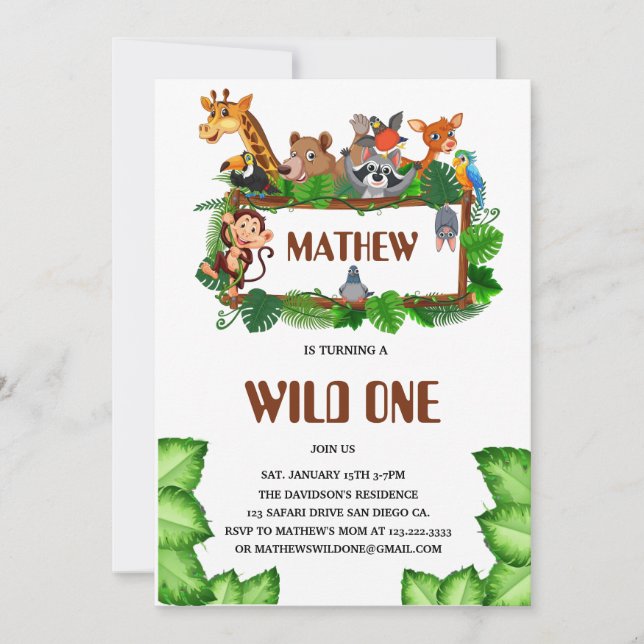 Convites Cute Tropical Jungle Safari Wild One 1º  (Frente)
