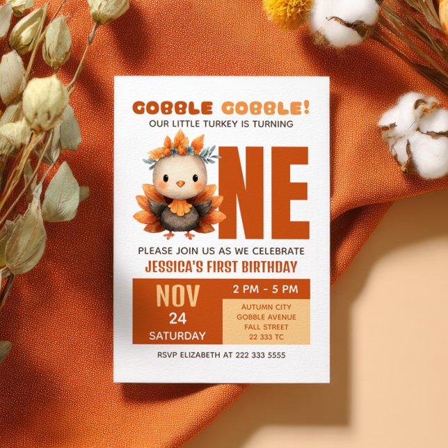 Convites Cute Turkey Gobble Fall Thanksgiving 1st Birthday (Criador carregado)