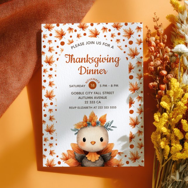 Convites Cute Turkey with Fall Foliage Thanksgiving Dinner  (Criador carregado)