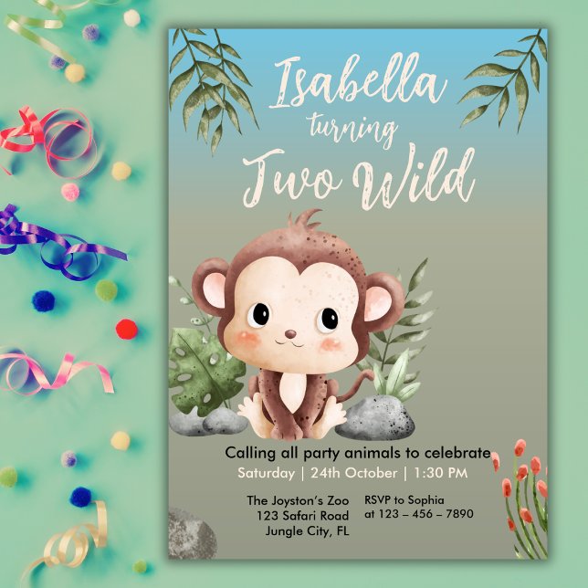 Convites Cute Two Wild Safari Monkey Kids 2nd Birthday  (Criador carregado)