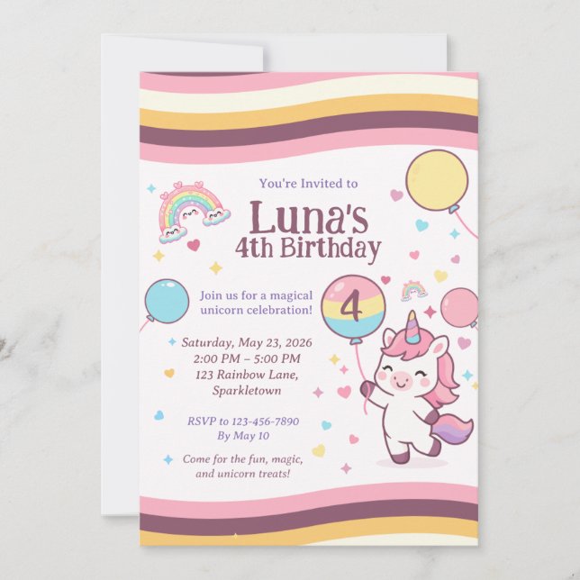 Convites Cute Unicorn Rainbow Girl 4th Birthday Party (Frente)