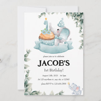 Convites Cute Watercolor Baby Elephant Primeiro aniversário