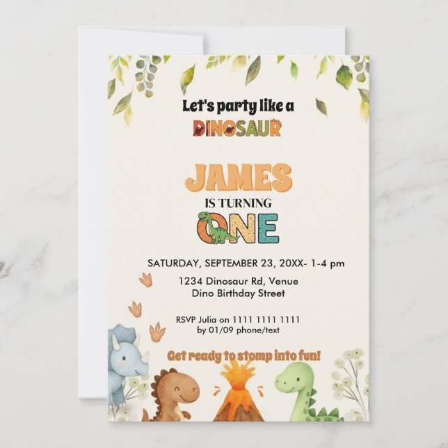 Convites Cute Watercolor Dinosaur 1st Birthday Invitation (Frente)