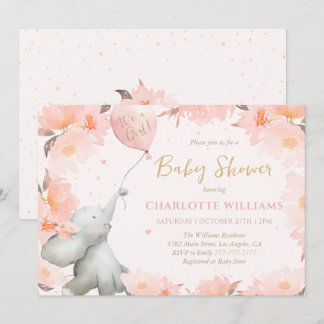 Convites Cute Watercolor Elephant Floral Girl Baby Shower