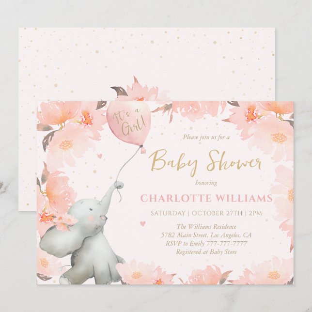 Convites Cute Watercolor Elephant Floral Girl Baby Shower (Frente/Verso)