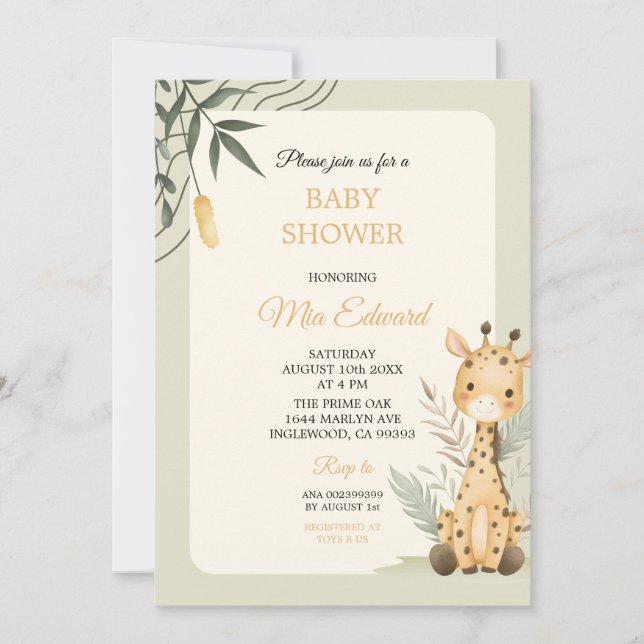Convites Cute Watercolor Giraffe Baby Shower Design (Frente)