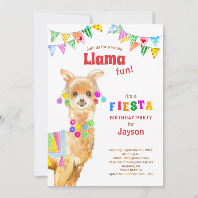 Convites Cute Watercolor Llama Birthday Fiesta (Frente)
