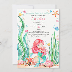 Convites Cute Watercolor Mermaid Under the Sea Birthday Inv