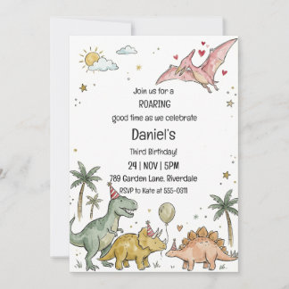 Convites Cute Watercolor Pastel Dinosaur Third Birthday
