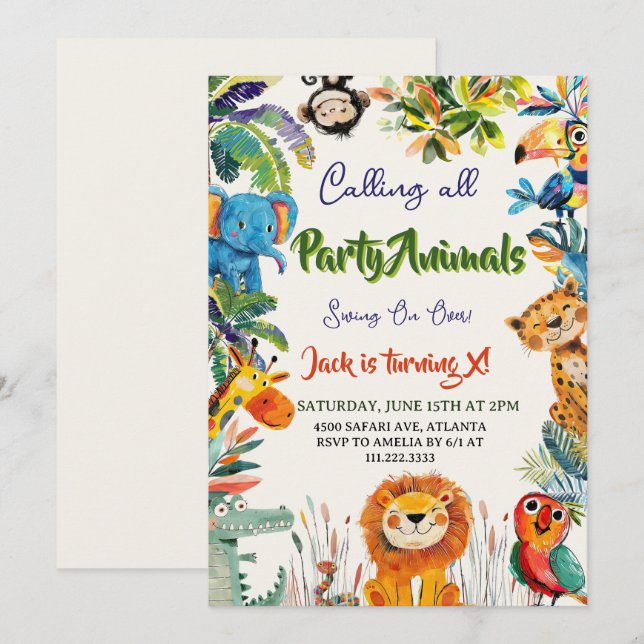 Convites Cute Watercolor Quirky Safari Animal Birthday (Frente/Verso)