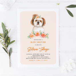 Convites Cute Watercolor Shih Tzu Peach Chá de fraldas Flor