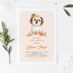 Convites Cute Watercolor Shih Tzu Peach Chá de fraldas Flor