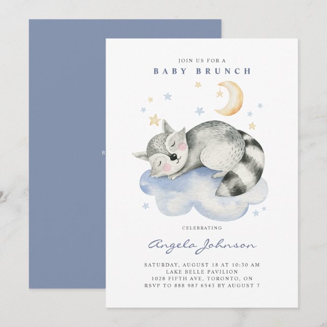 Convites Cute Watercolor Sleeping Raccoon Baby Brunch (Frente/Verso)