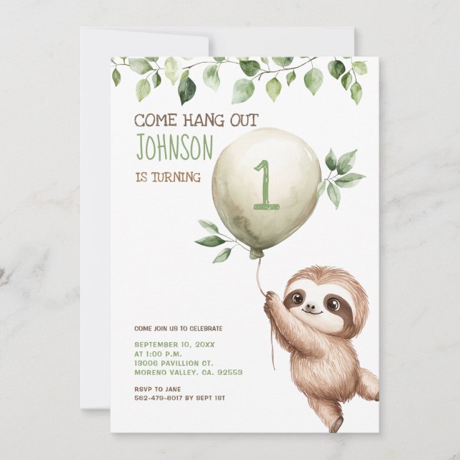 Convites Cute Watercolor Sloth Kids Birthday Party  (Frente)