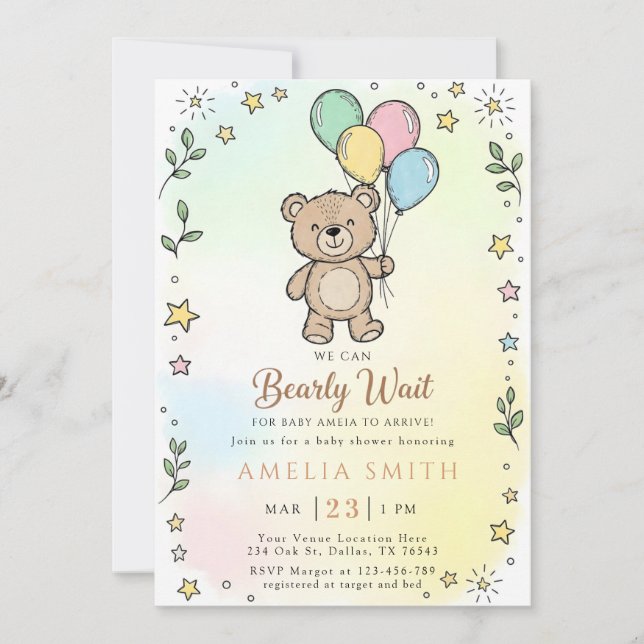 Convites Cute Watercolor Teddy bear Illustration babyshower (Frente)