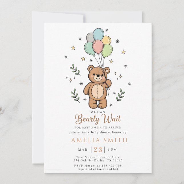 Convites Cute Watercolor Teddy bear Illustration babyshower (Frente)