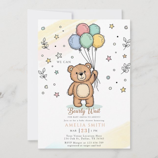 Convites Cute Watercolor Teddy bear Illustration babyshower (Frente)