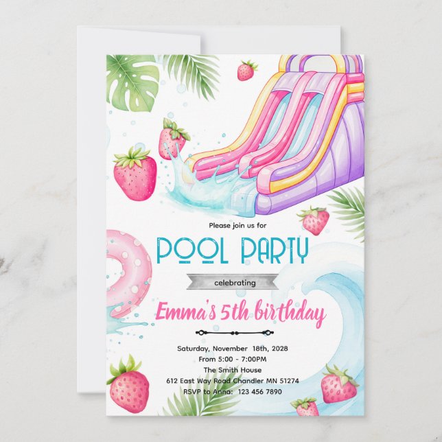 Convites Cute waterslide strawberry pool invite (Frente)