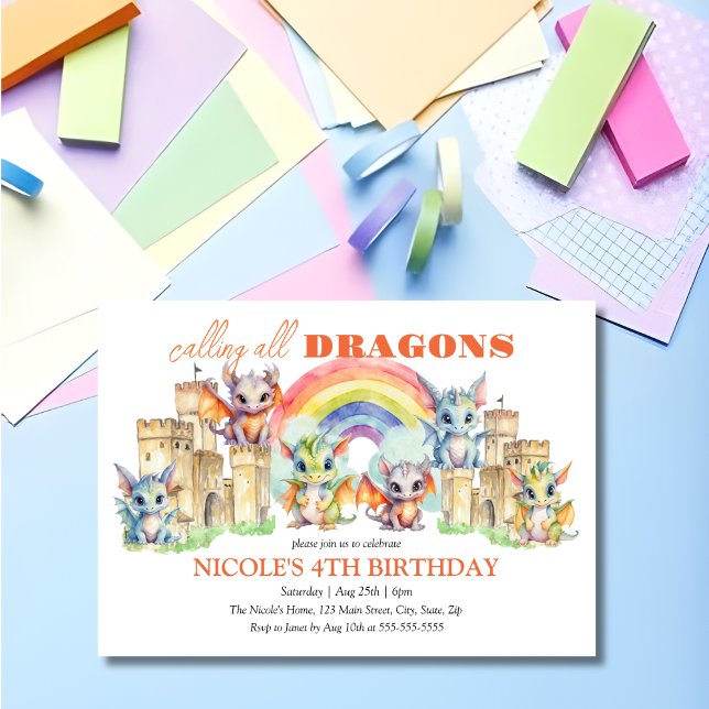 Convites Cute Whimsical Dragon Castle Rainbow Birthday (Criador carregado)
