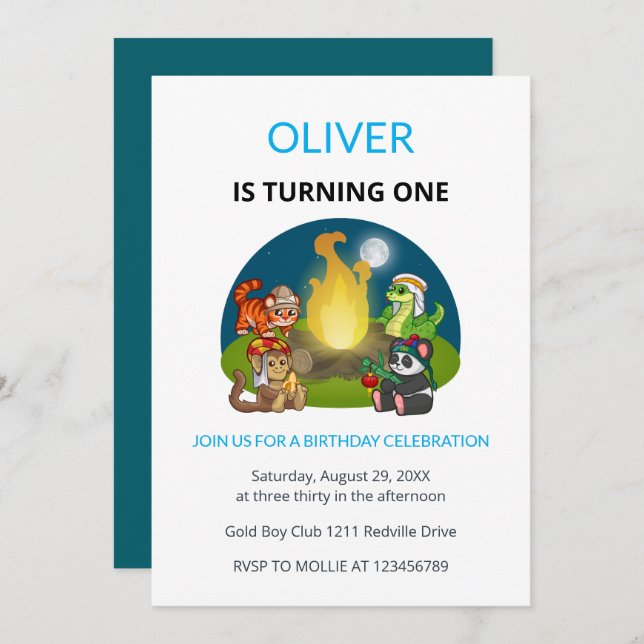 Convites Cute Wild Animals Campfire Kids First Birthday (Frente/Verso)