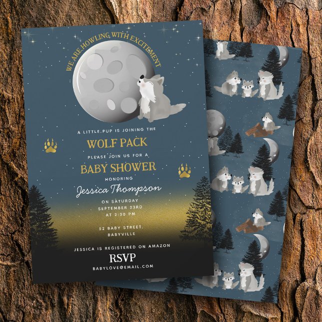 Convites Cute Wolf Pack Woodland Moon Howling Baby Shower (Cute Wolf Pack Woodland Moon Howling Baby Shower Invitation)