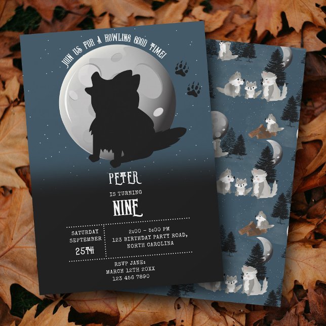 Convites Cute Wolf Woodland Moon Howling Kids Birthday (Cute Wolf Woodland Moon Howling Kids Birthday Invitation)