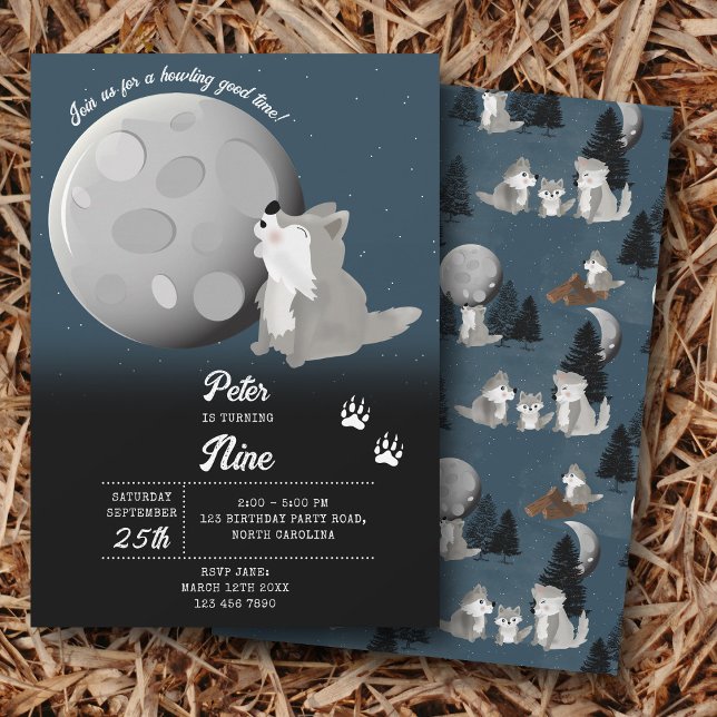 Convites Cute Wolf Woodland Moon Howling Kids Birthday (Cute Wolf Woodland Moon Howling Kids Birthday Invitation)